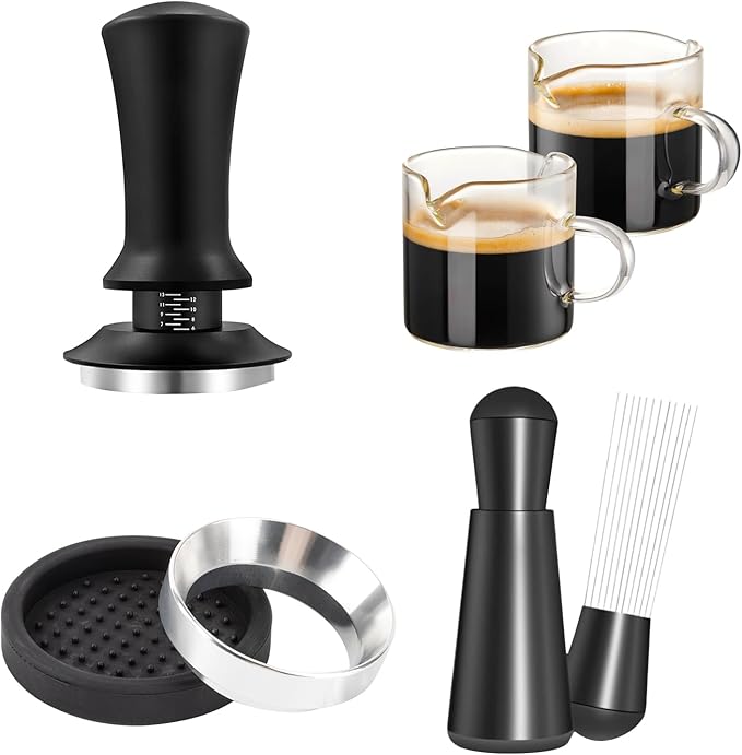 51mm Espresso Accessories Kit - 51mm Tamper and Espresso Cups Set of 2 - WDT Tool Dosing Funnel Silicone Mat Espresso Machine Accessories Distribution Tool - Suitable for 51mm bottomless portafilter