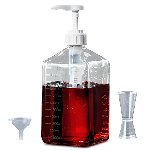 Large Capacity Syrup Dispenser for Coffee Bar, 37oz 1100ml Glass Syrup Bottle w Measuring Cup and Funnel, Dispenser Bottle w Upgraded Pump