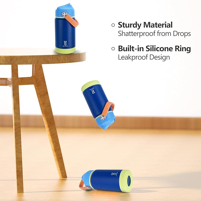 Kids Insulated Water Bottle with Straw Lid & Silicone Handle,12oz Kids Leak Proof Water Bottle for School Boys Girls,Double Wall Vacuum Stainless Steel with Non-slip Silicone Base(Dark Blue)