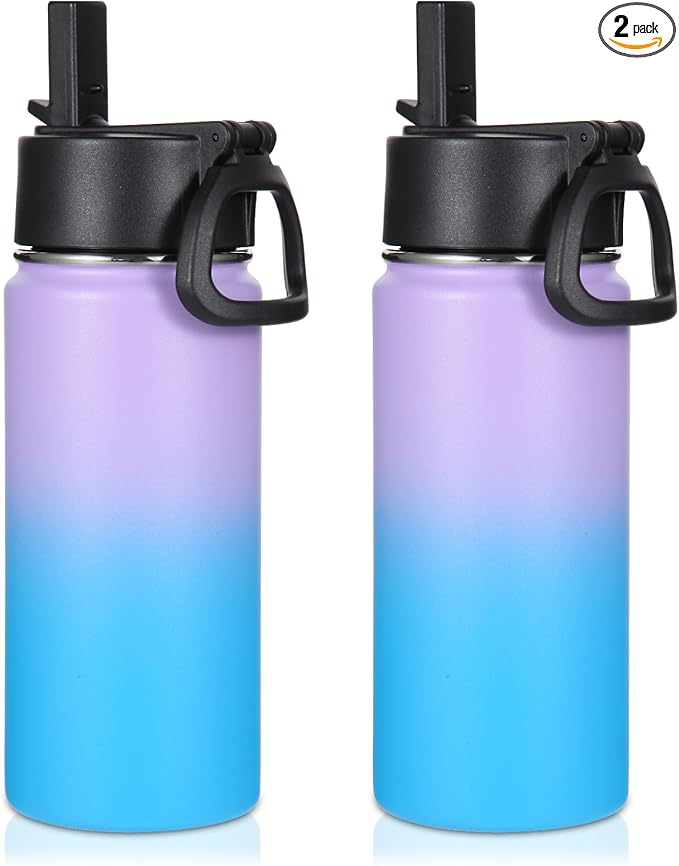 Volhoply 16 OZ Kids Water Bottle Bulk 2 Pack,Insulated Sports Bottles with Straw Lid,Stainless Steel Bottle with Handle Keep Cold,Double Wall Vacuum Tumbler Cup for School,Girl(Lavender Blue, 2