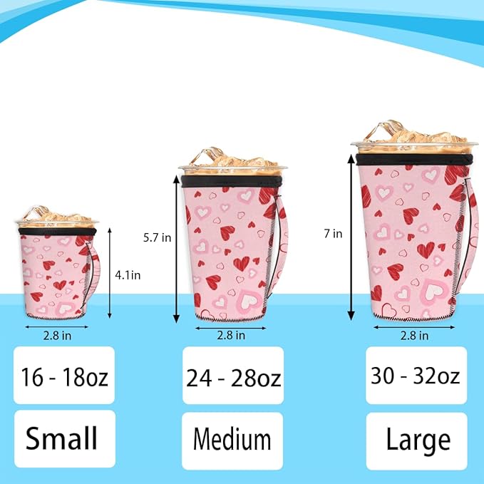 Pink White Hearts Reusable Coffee Sleeves Iced Coffee Cozy Insulator,Valentine's Day Neoprene Holder with Handle for Cold Coffee or Ice Drink, Medium 24-28oz