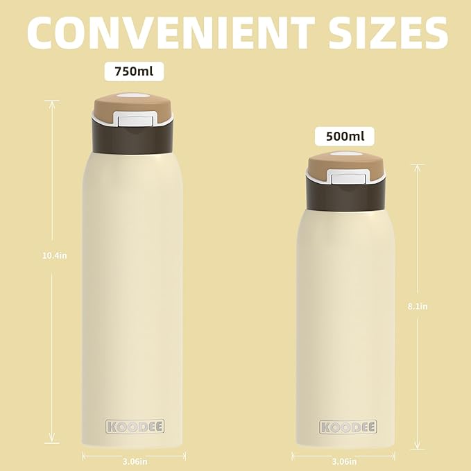 koodee Kids 16oz Free-sip Insulated Stainless Steel Owal Water Bottles with Soft Straw,Quick Flip GO Bounce Cup Thermo-flask,Pop & Fill Double-Wall Vacuum Bottle,for School, Sports,Travel(Cream)