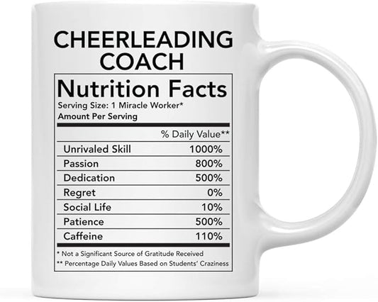 Andaz Press Funny 11oz. Ceramic Coffee Tea Mug Thank You Gift, Cheerleading Coach Nutritional Facts, 1-Pack