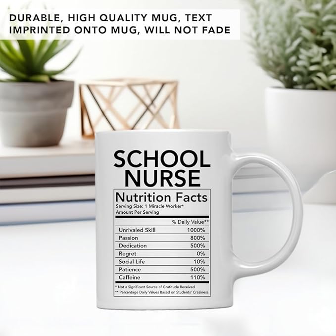 Andaz Press Funny 11oz. Ceramic Coffee Tea Mug Thank You Gift, School Nurse Nutritional Facts, 1-Pack