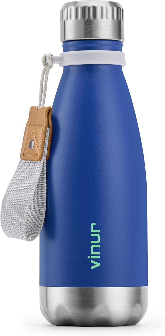 VINUR Kids Water Bottle-12 oz Stainless Steel Double Wall Vacuum Insulated Water Bottle for School-Cola Shape Flask with Carry Rope(Navy)