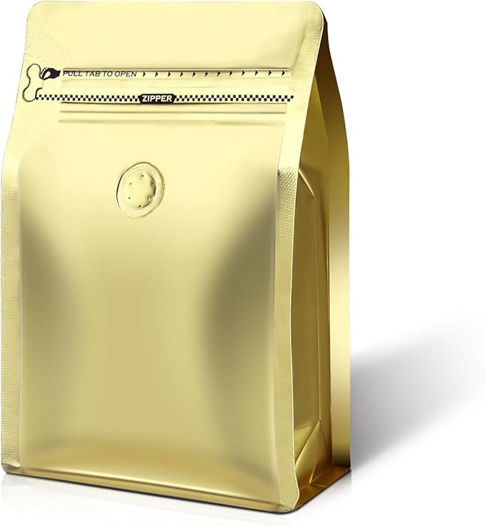 Coffee Bags with Valve(60pcs,8 oz,1/2 lb) Vented Coffee Beans Packaging Bags High Barrier Aluminumed Foil Flat Bottom Heat Sealed Side Zipper Resealable Storage Bag for Home or Business（Gold）