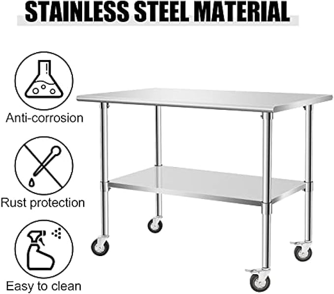 Stainless Steel Table - Metal Table Cart - Commercial Workbench with Caster Wheel - NSF Certified - for Restaurant, Warehouse, Home, Kitchen, Garage,48''x30''