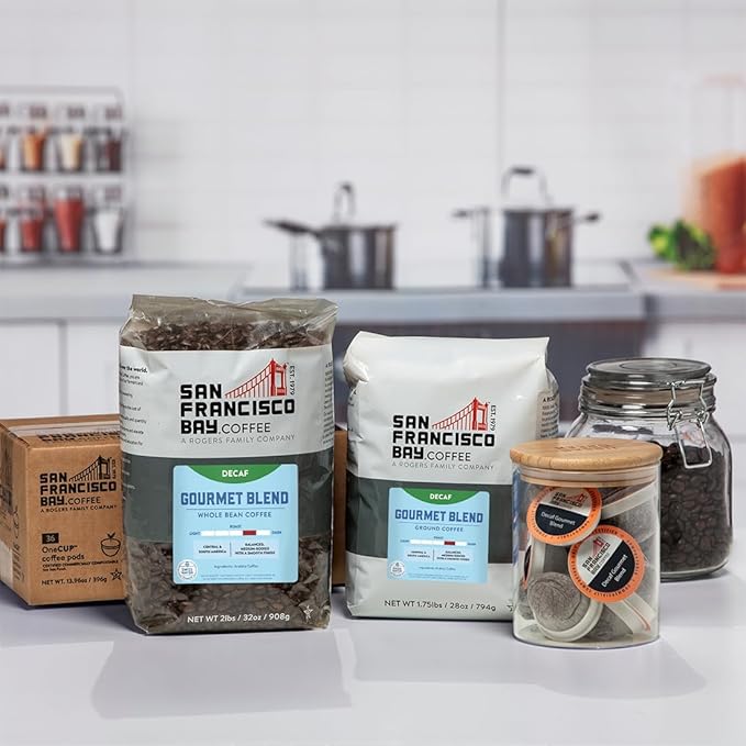 SAN FRANCISCO BAY SF Coffee Whole Bean 2LB Medium Roast Swiss Water Processed Decaffeinated, Decaf Gourmet Blend, 2 Pound (Pack of 1), 32 Ounce