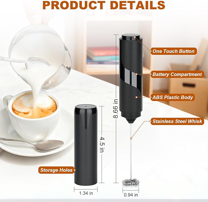 Handheld Milk Frother, Battery Operated Electric Foam Maker, Milk Frother Wand Drink Mixer with Stainless Steel Whisk for Coffee, Matcha, Lattes, Cappuccino (Black with cover)