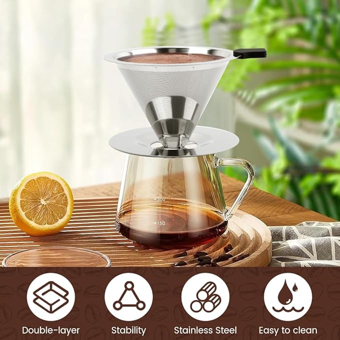 Pour Over Coffee Dripper, Stainless Steel Cone Coffee Filter with Base, Dual-Layer Fine Mesh Coffe Filter, Paperless Reusable Cone Coffee' Maker Dripper with Cleaning Brush(SIZE:S)