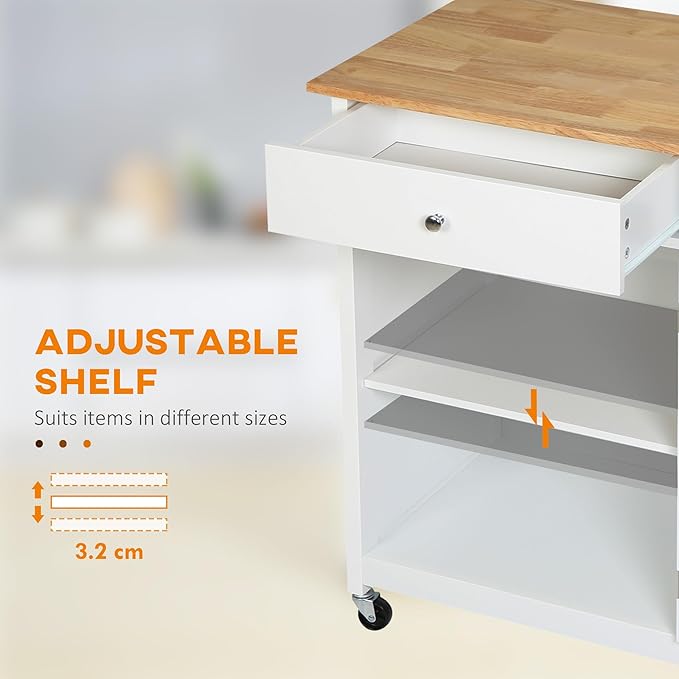 HOMCOM 27" Rolling Kitchen Island Cart with Drawer and Glass Door Cabinet, Kitchen Trolley with Adjustable Shelf and Towel Rack, White