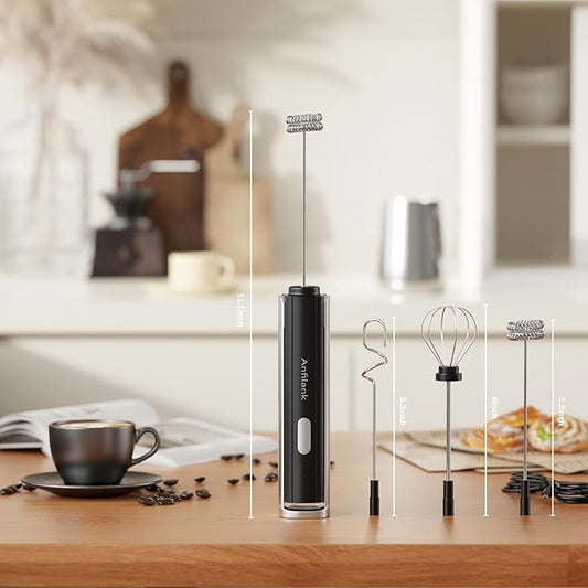 Handheld Milk Frother Wand, Rechargeable Electric Whisk with 3 Speeds & 3 Stainless Heads, Milk Foam Maker with Stand for Latte, Cappuccino, Hot Chocolate, Egg