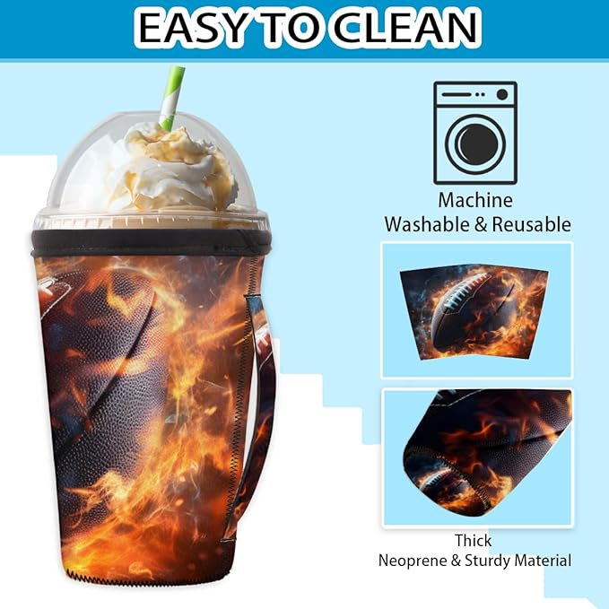 Fire American Football Reusable Insulator Coffee Sleeves for Drinks Beverages, Neoprene Holder with Handle for Most Coffee or Ice Drink, 30-32oz