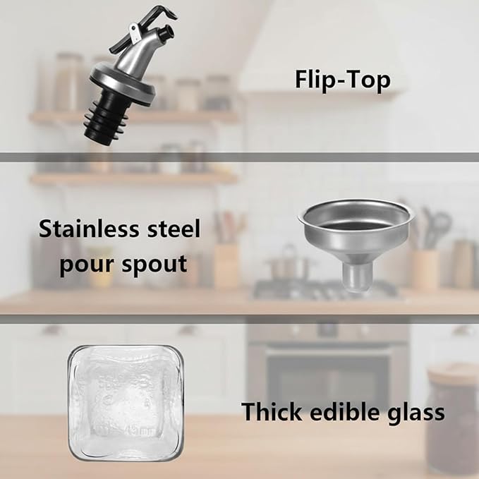 WERTIOO 6 PACK Glass Olive Oil Dispenser Bottle, 17 OZ/500ml Oil Dispenser for Kitchen with 6 Pourer, 3 Stainless Steel Funnel & 1 Pen and 8 Label for Kitchen