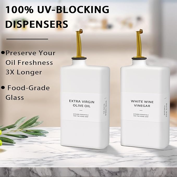 Olive Oil Dispenser Bottle for Kitchen 11.8oz, UV-Blocking Oil and Vinegar Dispenser Set, Soy Sauce Dispenser, Coffee Syrup Bottles, Modern Kitchen Decor (White, Set of 2)