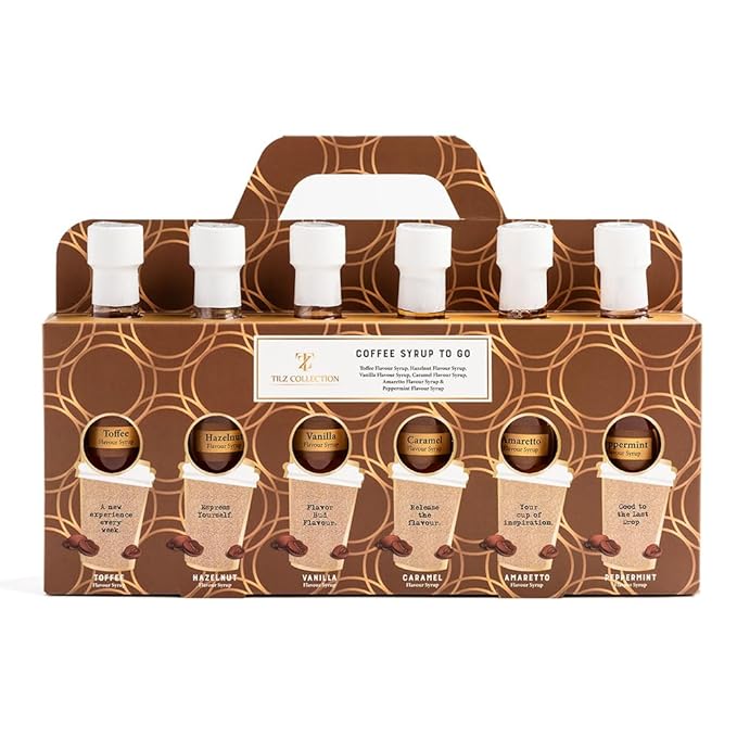 Premium Coffee Syrup Gift - Set 6 x 75ml Assorted Flavoured Syrup For Coffee Including Vanilla Caramel Toffee Hazelnut Amaretto Peppermint Coffee Lover Gift sets