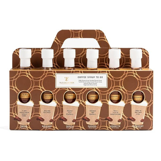 Premium Coffee Syrup Gift - Set 6 x 75ml Assorted Flavoured Syrup For Coffee Including Vanilla Caramel Toffee Hazelnut Amaretto Peppermint Coffee Lover Gift sets