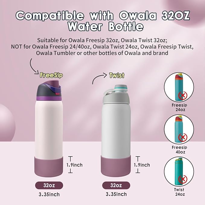 2PCS Silicone Water Bottle Boot, Compatible with Owala 24oz 32oz 40oz, Protective Anti-Scratch & Anti-Dent No Noise Sleeve Cover for FreeSip/Twist/Flip Water Bottles (Mauve, 32oz)