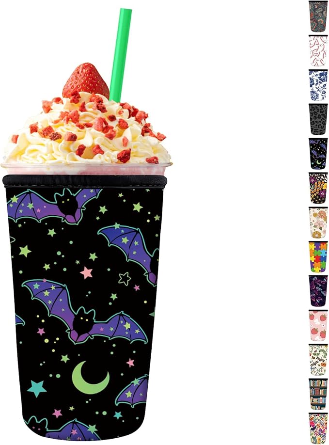 Reusable Neoprene Insulator Sleeve for Iced Coffee Cups, Medium 22-28oz Durable Drink Sleeve for Cold Beverages, Cute Beverage Holder Cup Sleeve for Women Men Cute Black Bats