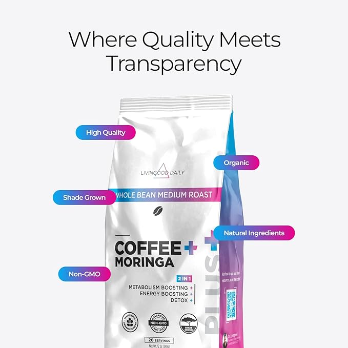 Livingood Daily Coffee with Moringa, Whole Bean Medium Roast Coffee with Plant Based Ingredients for Morning Energy, Made with Moringa Powder, Organic, Non GMO, Vegan, Gluten Free, 20 Srvgs, 12 oz Bag