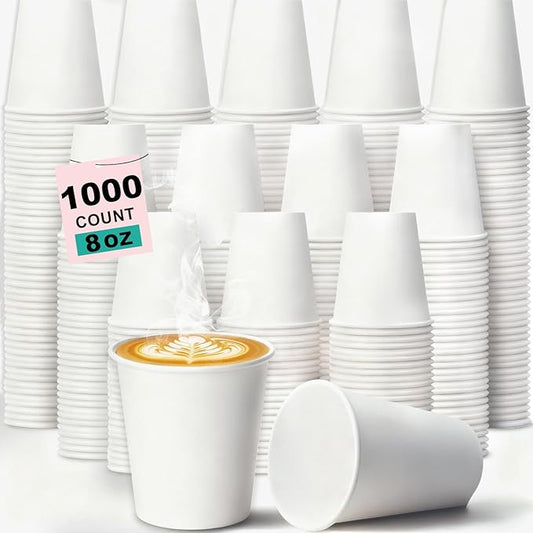 Coolcap 8 oz 1000 Pack Disposable Coffee Cups, Bulk White Disposable Paper Cups, Coffee Cups for Hot Tea, Chocolate and Cold Drinks