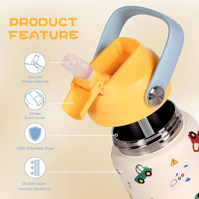 Kids Insulated Water Bottle with Straw Lid, 12 oz BPA-FREE Double Wall Vacuum Tumbler 18/8 Stainless Steel Leak Proof Kids Cups with Straw for School Travel Boys Girls (Yellow-Cars)