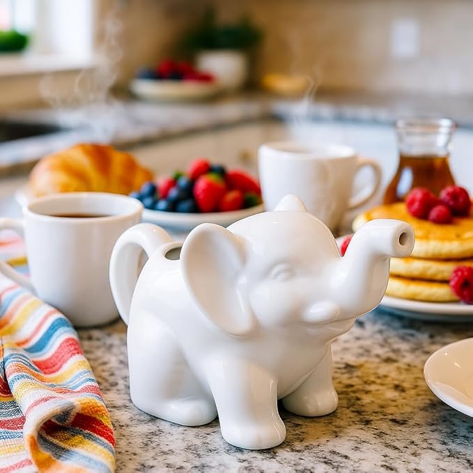 HIC Kitchen Elephant Sugar Bowl And Creamer With Handle, Fine Porcelain, For Serving Sugar, Milk, Cream, Syrup, And Sauces, 3-Piece Set
