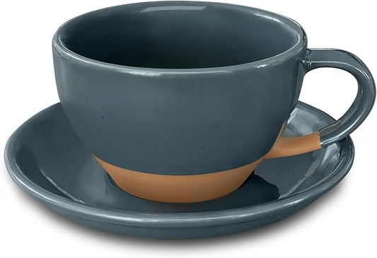 MORA Ceramic Latte Art Mug With Saucer - 10.5 oz, Round Bottom For Perfect Pours - Cafe Cups for Cappuccino, Espresso, Coffee, Tea etc - Porcelain Set for Baristas, Great Gift - Charcoal