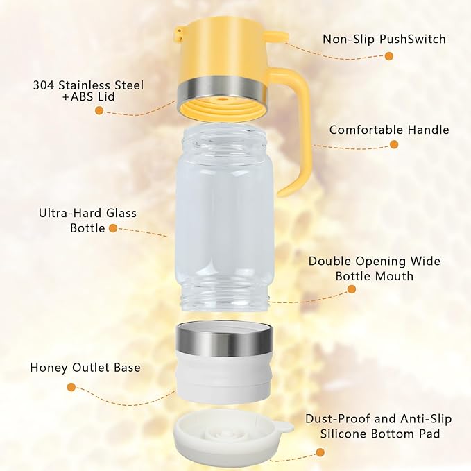 Ecopandy Honey Dispenser No Drip with Stand, 12 OZ Glass Honey Jar, Syrup Dispenser, Easy One Hand Use Honey Pot for Coffee or Tea, Mess Free Honey Dispenser for Syrup, Honey Container (2PCS Yellow)