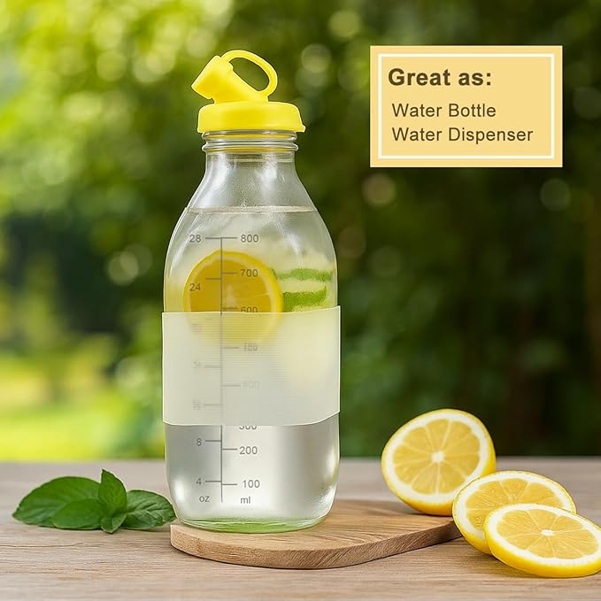 32 oz Reusable Glass Milk Bottles with Leak Proof Lid and Pour Dispenser, 1 Liter Juice Bottles with Scale, Glass Pitchers with Sleeve, Milk Storage Containers for Fridge [2 Pack]