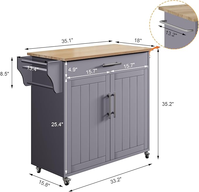 Kitchen Storage Island, Wooden Rolling Kitchen Island On Wheels with Countertop, Mobile Kitchen Island Cart with Towel Rack, Spice Rack and Drawers, Grey