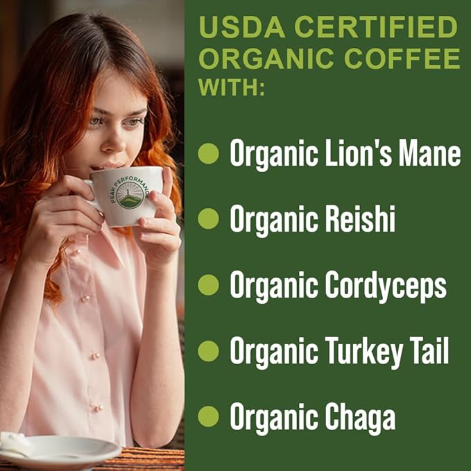 Organic Low Acid Mushroom Coffee with Lion's Mane, Reishi, Cordyceps, Turkey Tail, and Chaga Mushrooms - Great Tasting Premium High Altitude Medium Roast Ground Bags 10 oz by Peak Performance