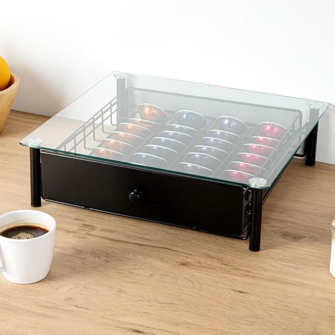 Restaurantware Restpresso 15.6 x 14.1 x 4.2 Inch Coffee Capsule Drawer 1 Heavy-Duty Pod Drawer - Holds 40 Nespresso Vertuo Capsules Glass Top Iron Espresso Pod Organizer Pods Not Included