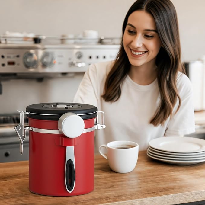 ShanSon Coffee Canister Airtight Coffee Container Stainless Steel Coffee Bean Storage Container with Scoop Coffee Canister for Beans Grounds Sugar Flour Tea Cereal,16OZ,Red