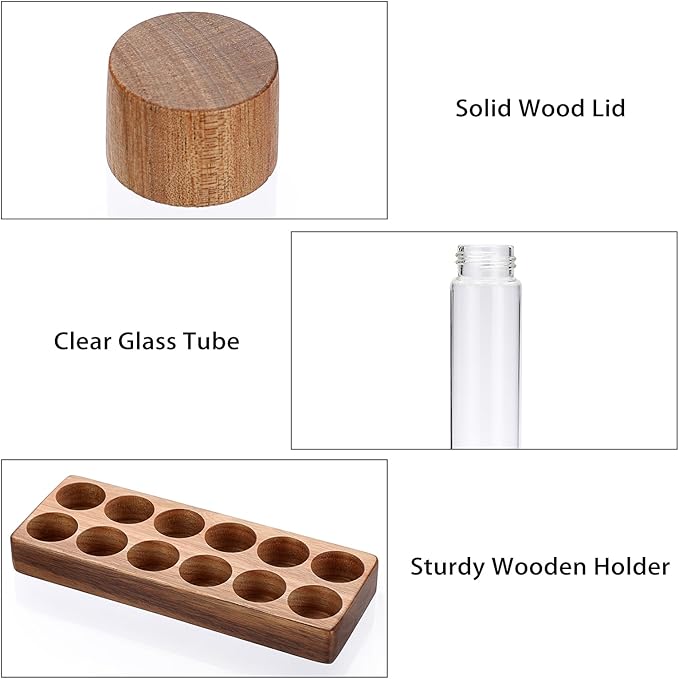 JUXYES Set of 12 Single Dose Coffee Bean Storage Tubes with Wooden Stand and Lids, Dosing Glass Vials for Coffee Storage, Coffee Bean Container Cellars, Espresso Bean Canisters Set, 2 fl oz