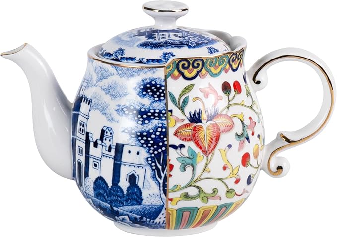 KAMMAK Teapot with Handle, Vintage Porcelain Tea Pot with Gold Trim, Blooming & Loose Leaf Teapot, Festive Holiday Serveware, Gifts for Women, Doucai - 32 oz