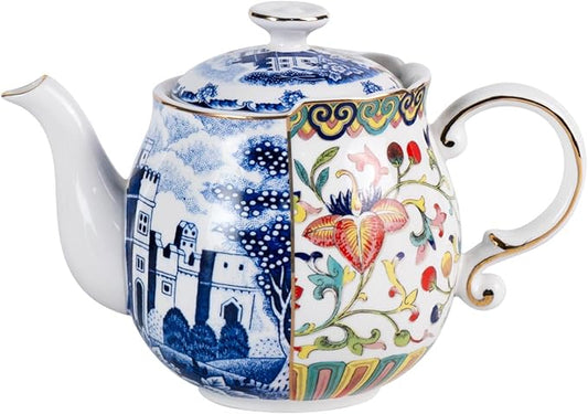 KAMMAK Teapot with Handle, Vintage Porcelain Tea Pot with Gold Trim, Blooming & Loose Leaf Teapot, Festive Holiday Serveware, Gifts for Women, Doucai - 32 oz