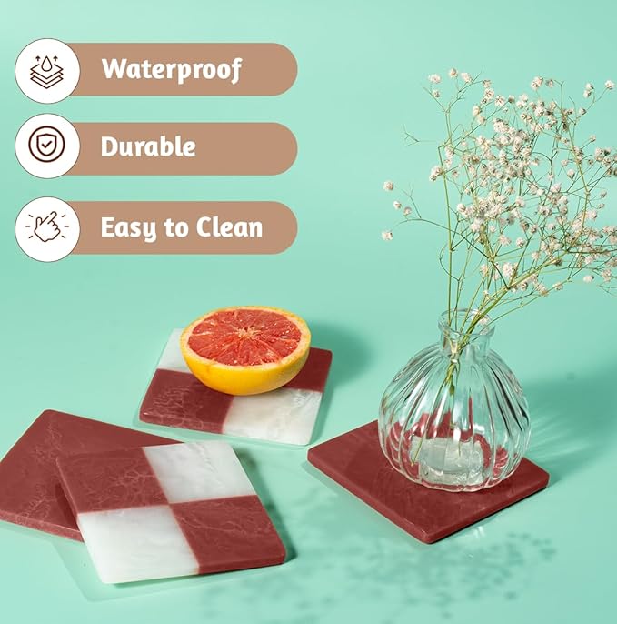 Folkulture Valentine Resin Coasters Set of 4 – Boho Love & Bell Design Waterproof Drink Coasters for Coffee Table Décor – Cute Valentine’s Day Gift for Her, Romantic Home Accessories