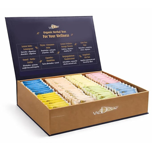 Valdena Bio Organic Herbal Teas for Your Wellness Tea Sampler Gift Caffeine Free 8 Flavors Assorted Tea Sets Variety Pack 64 Individually Wrapped Tea Bags Gift for Tea Lovers