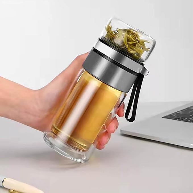 Tea Infuser Bottle, Glass Tea Infuser Bottle Double Wall Portable Tumbler Mug Travel Tumbler Mug Men (Steel Color)
