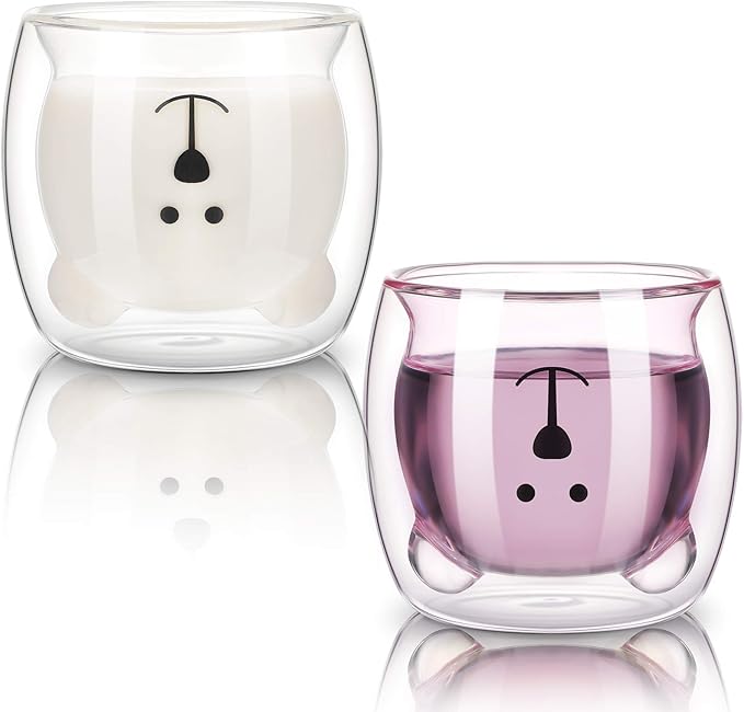 Patelai 2 Pcs Cute Bear Mugs Insulated Double Wall Glass Bear Cups for Christmas Birthday Gifts Animal Tea Milk Juice Chocolate Cappuccino Cups Home Glass Mugs for Baby Shower(White, Pink)