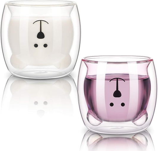 Patelai 2 Pcs Cute Bear Mugs Insulated Double Wall Glass Bear Cups for Christmas Birthday Gifts Animal Tea Milk Juice Chocolate Cappuccino Cups Home Glass Mugs for Baby Shower(White, Pink)