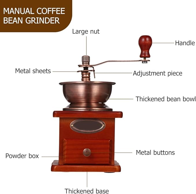 RUNROTOO Manual Coffee Grinder Hand Bean Grinder Premium Wood, Ceramic Core, and Iron Handle for Large Capacity and Travel