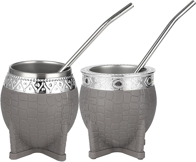2PCS Yerba Mate Cup, 6 oz Stainless teel Mate Cup with Straw, Double Wall Vacuum Insulated Yerba Mate Gourd for Traditional Mate Tea Drinking (Gray)