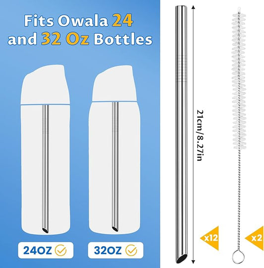 NiHome 12-Pack Stainless Steel Straws for Owala 24oz & 32oz Flip and FreeSip Bottles, Smooth Sipping Angled Tip, Reusable Metal Straws for Smoothies and Iced Drinks, BPA-Free with 2 Cleaning Brushes
