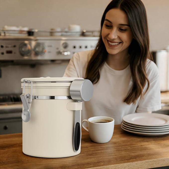 ShanSon Coffee Canister Airtight Coffee Container Stainless Steel Coffee Bean Storage Container with Scoop Coffee Canister for Beans Grounds Sugar Flour Tea Cereal,16OZ,Beige
