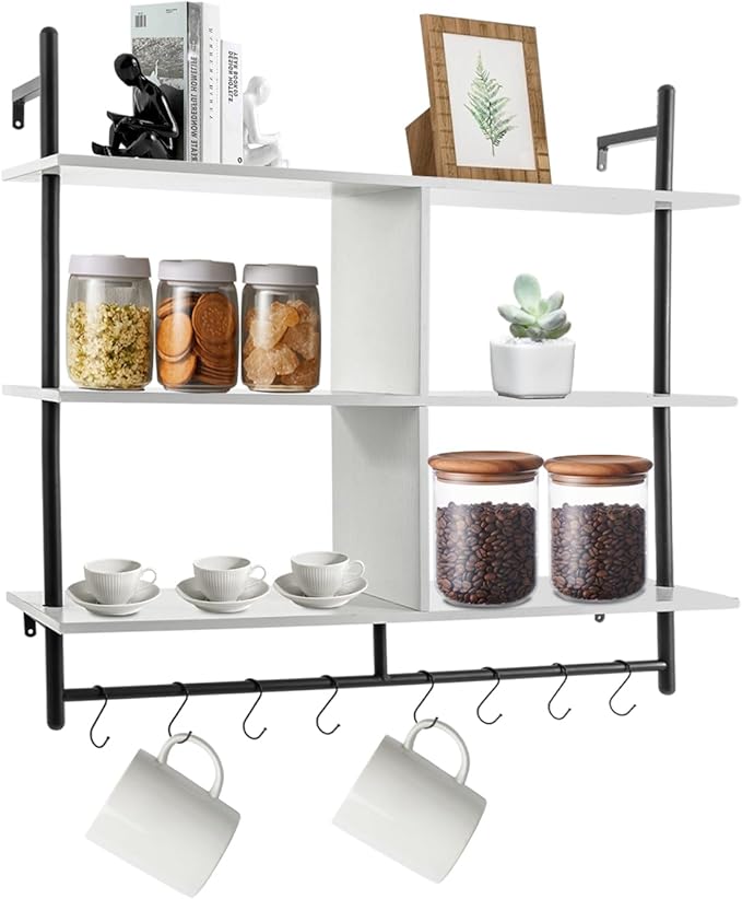 Industrial Pipe Wall Shelf with 8 Hooks – 3-Tier 42" White Floating Shelf | 55lb Load Carbon Steel & MDF for Kitchen Coffee Bar Bathroom Office Storage