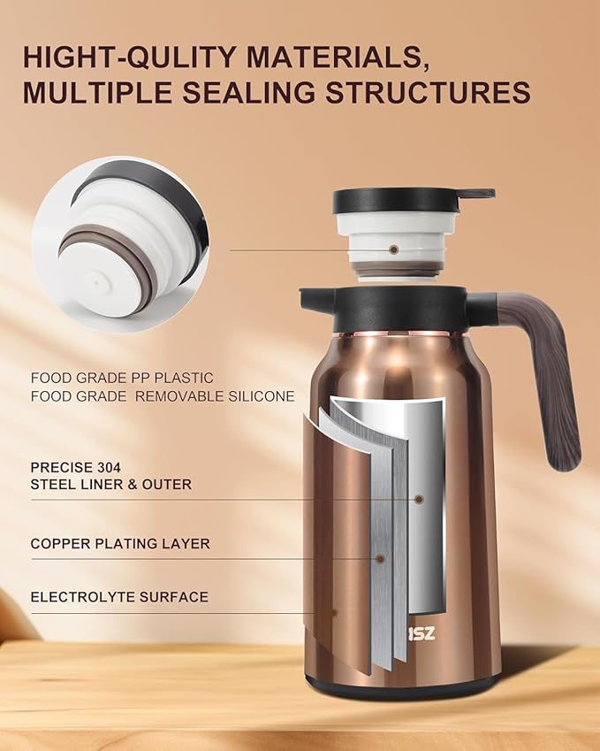 70 Oz Carafes for Hot Liquid, Stainless Steel Insulated Vacuum Thermal Coffee Carafes For Keeping Hot, 2.1 Liter Coffee Dispenser(Gold)