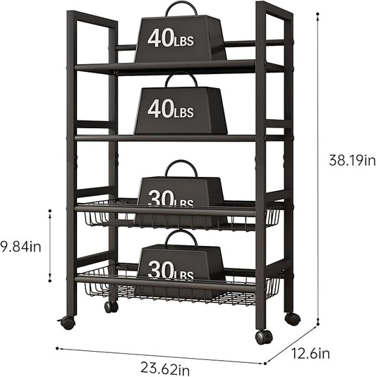 4-Tier Rolling Metal Storage Cart Mobile Organizer with Removable Grid Basket and Locking Wheels, Suitable for Multiple Uses, Black (Large)