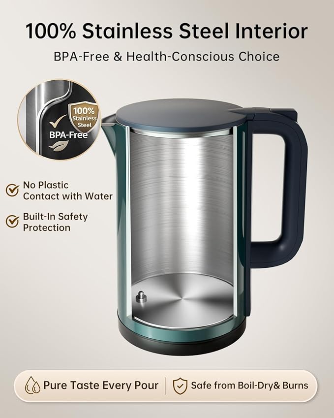 Electric Kettle with Temperature Control, 1.7L Stainless Steel Hot Water Kettle, 5 Presets for Tea & Coffee, 2H Keep Warm, Fast Boil, Auto Shut-Off & Boil-Dry Protection, Cordless Tea Kettle, Green